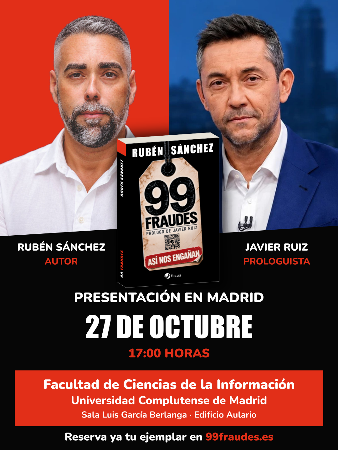 Cartel de la presentación de 99 fraudes en Madrid con Rubén Sánchez y Javier Ruiz